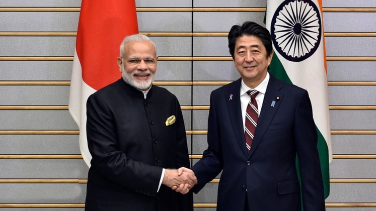 Indian Prime Minister Narendra Modi with his Japanese counterpart Shinzo Abe in Tokyo.